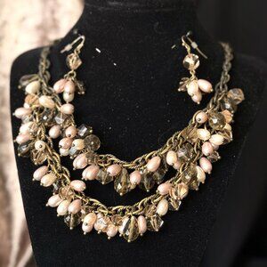 Double Gold Tone Chain Warm Beige Elongated Pearls Faceted Clear Tan + Earrings